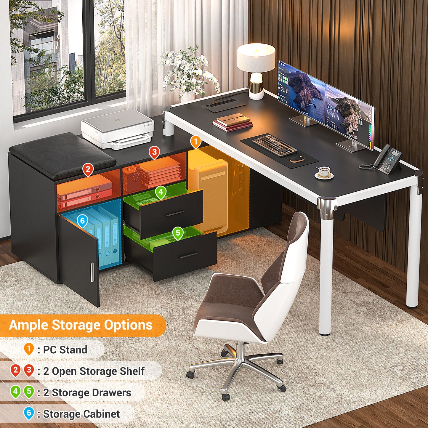 68.9 Inch L Shaped Desk with Drawers, Computer Desk with Power Outlets and LED Lights, Corner Office Desk with Storage Cabinet, Open Shelf and Seat Cushion