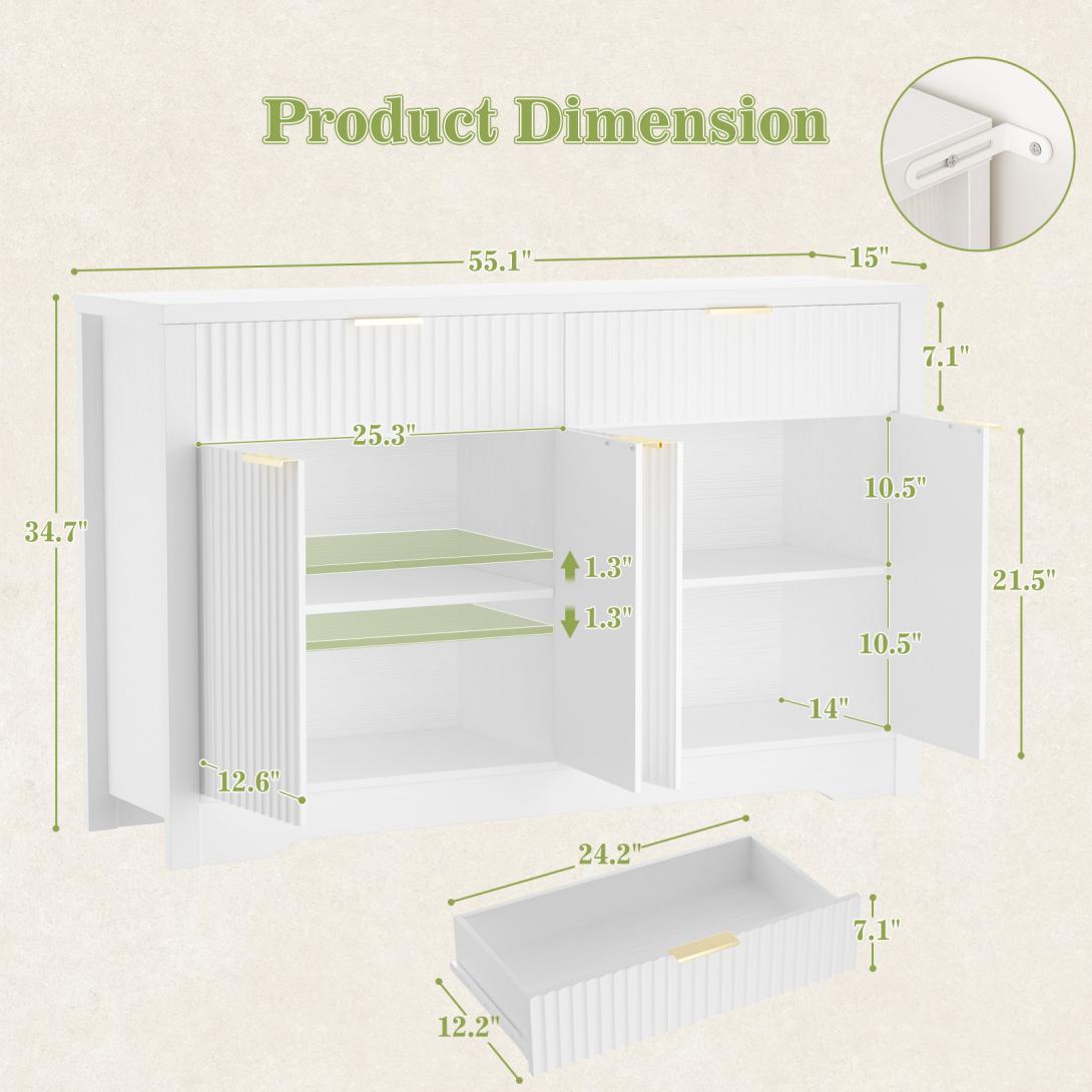 55" Fluted Buffet Cabinet, Modern Sideboard Credenza with Drawers, Adjustable Shelves & Coffee Bar Storage for Kitchen