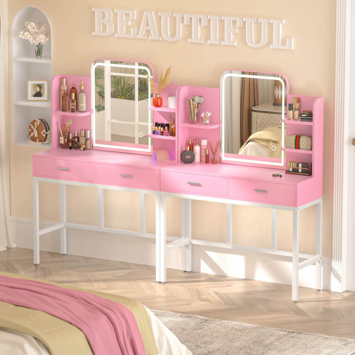 Makeup Vanity Desk with Drawers and Lighted Mirror