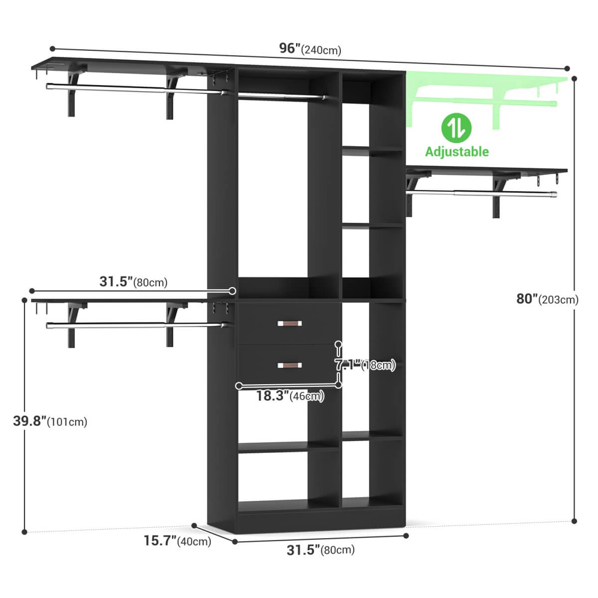 8FT Closet Organizer System with 13 Shelves & 2 Wood Drawers