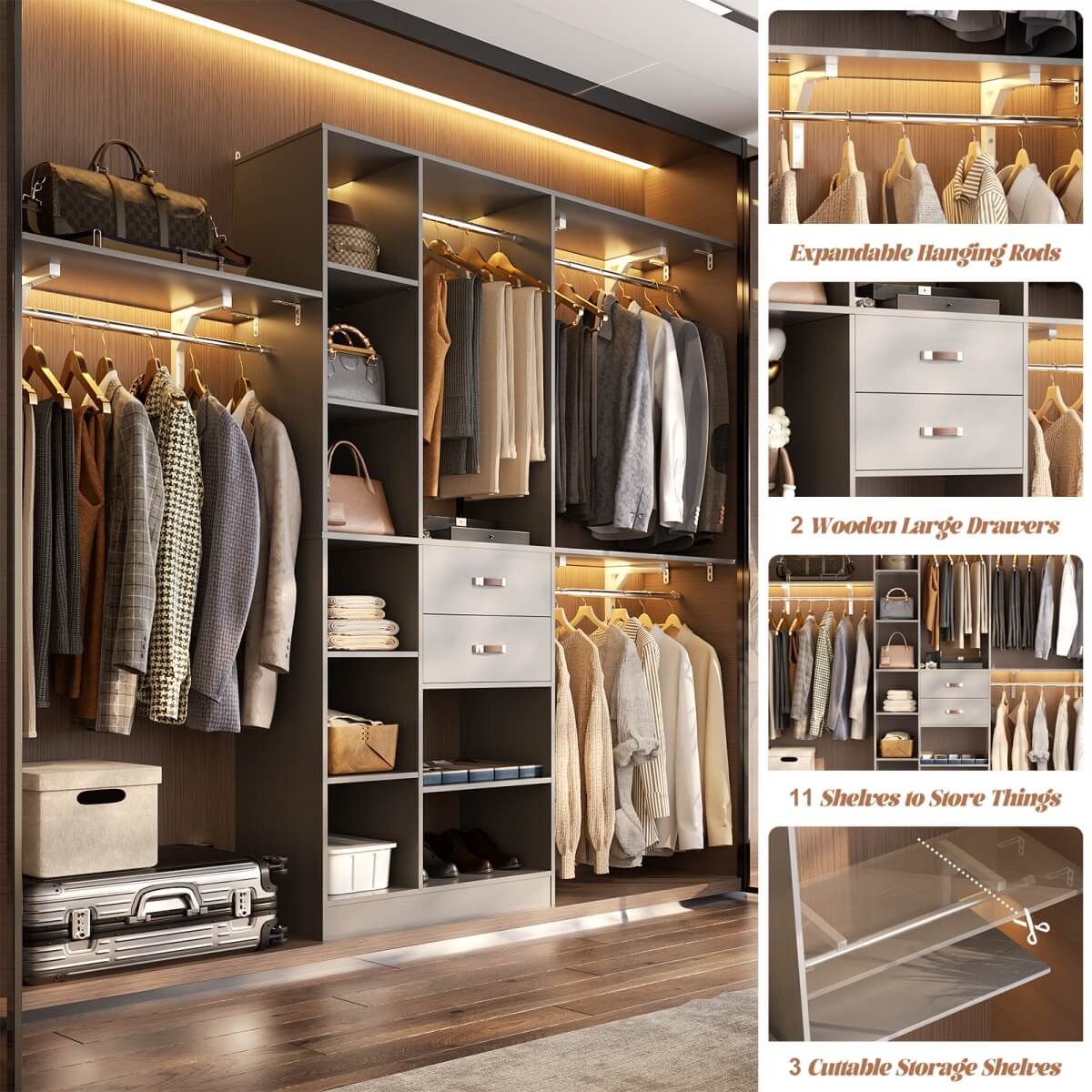 8FT Closet Organizer System with 13 Shelves & 2 Wood Drawers