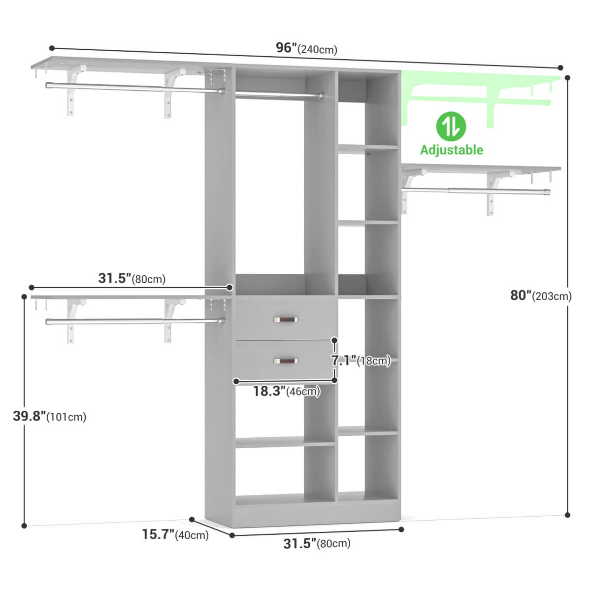 8FT Closet Organizer System with 13 Shelves & 2 Wood Drawers