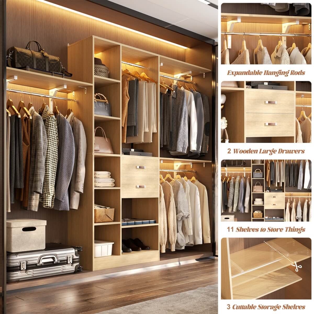 8FT Closet Organizer System with 13 Shelves & 2 Wood Drawers