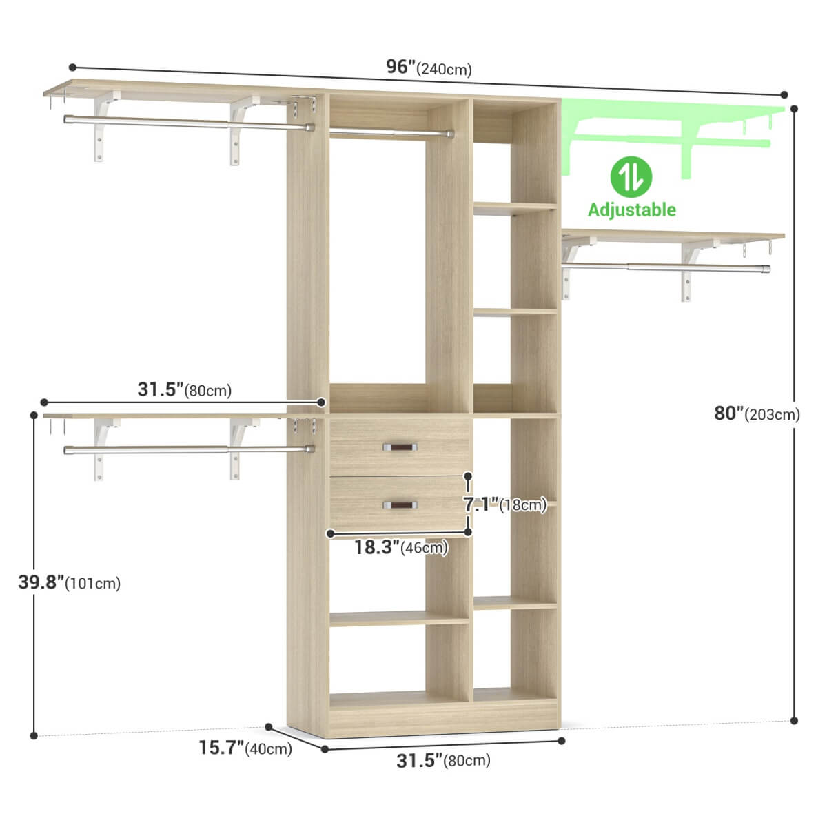 8FT Closet Organizer System with 13 Shelves & 2 Wood Drawers