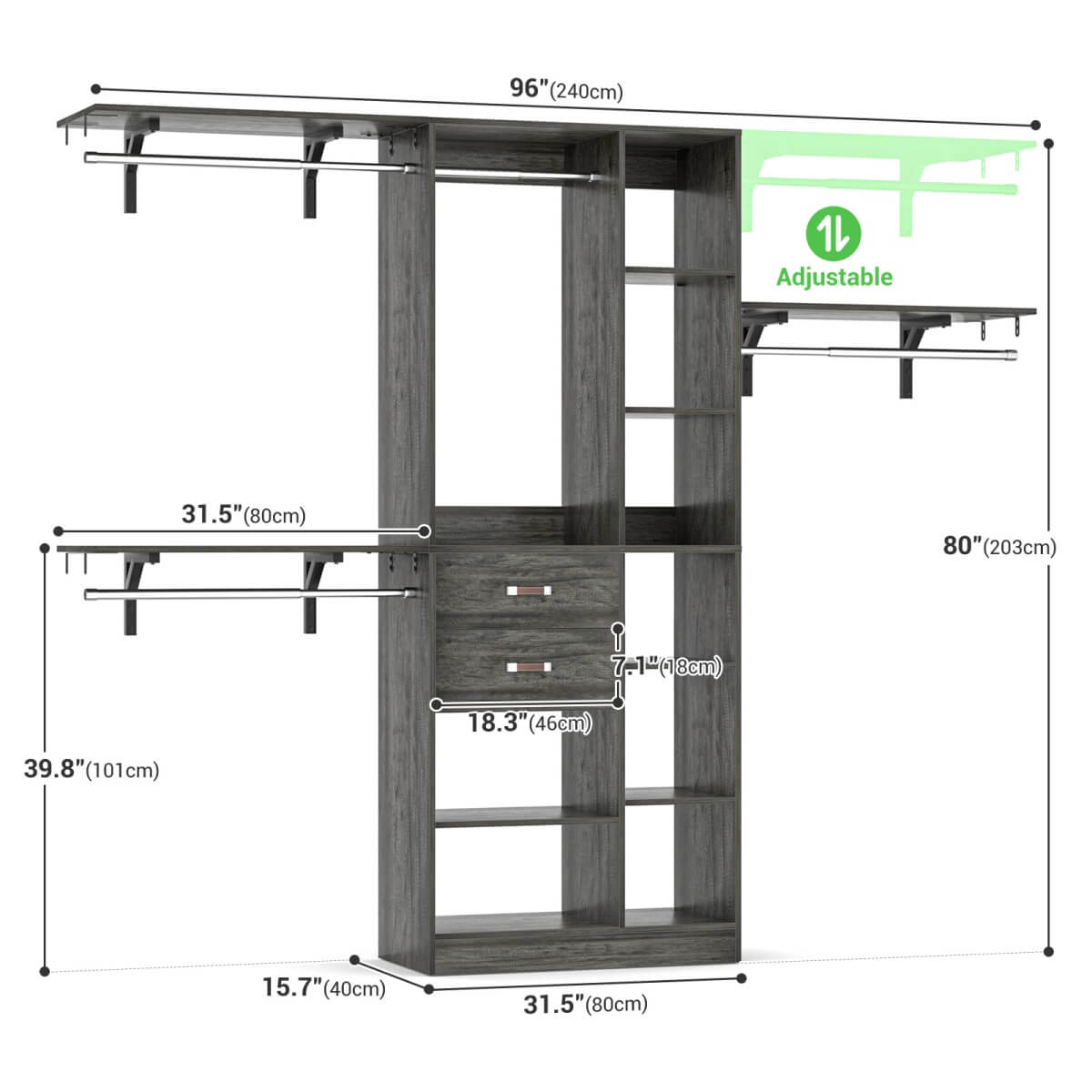 8FT Closet Organizer System with 13 Shelves & 2 Wood Drawers