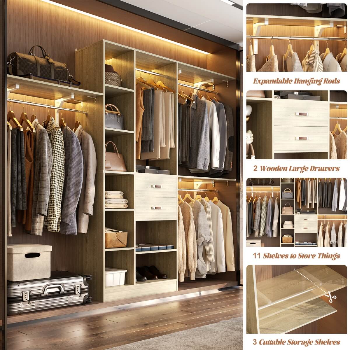 8FT Closet Organizer System with 13 Shelves & 2 Wood Drawers
