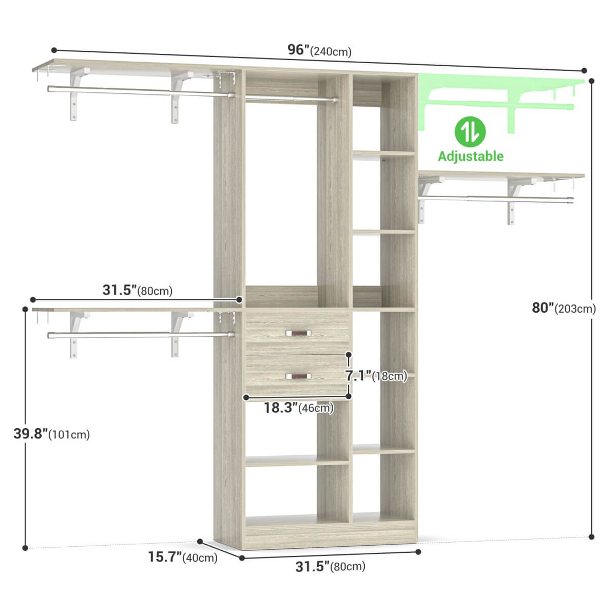 8FT Closet Organizer System with 13 Shelves & 2 Wood Drawers