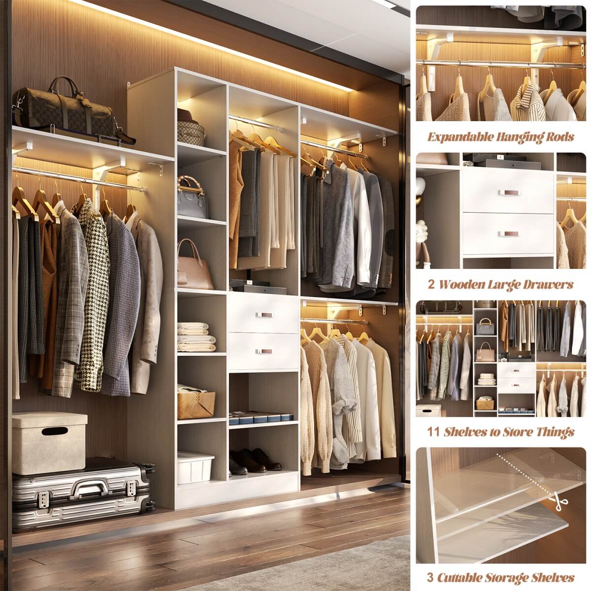 8FT Closet Organizer System with 13 Shelves & 2 Wood Drawers