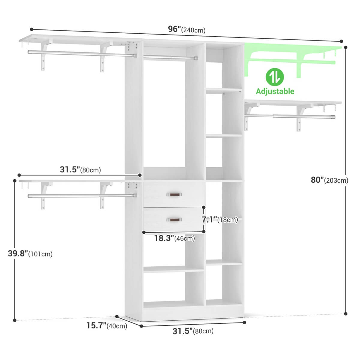 8FT Closet Organizer System with 13 Shelves & 2 Wood Drawers
