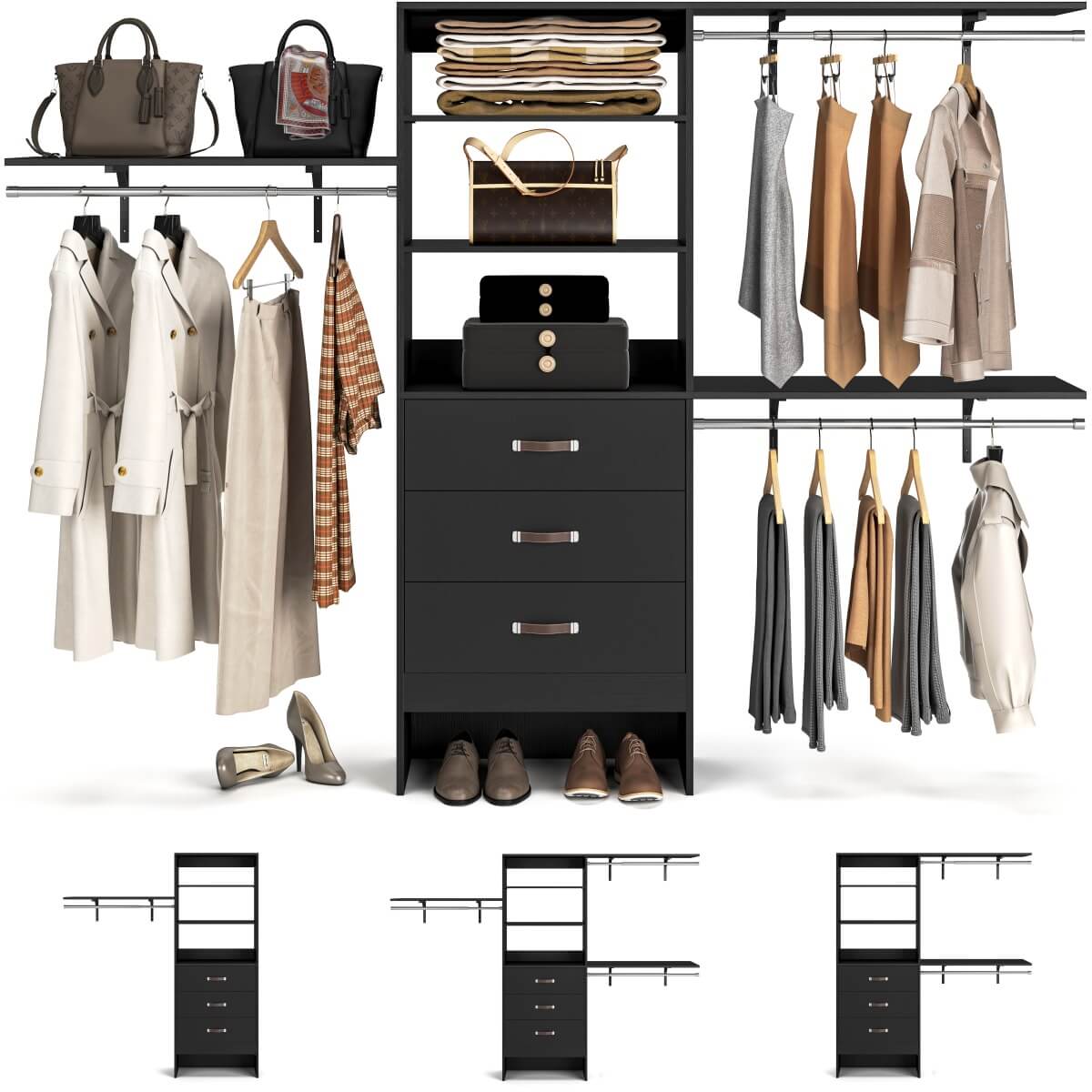 96 Inches Closet System with 3 Shelving Towers