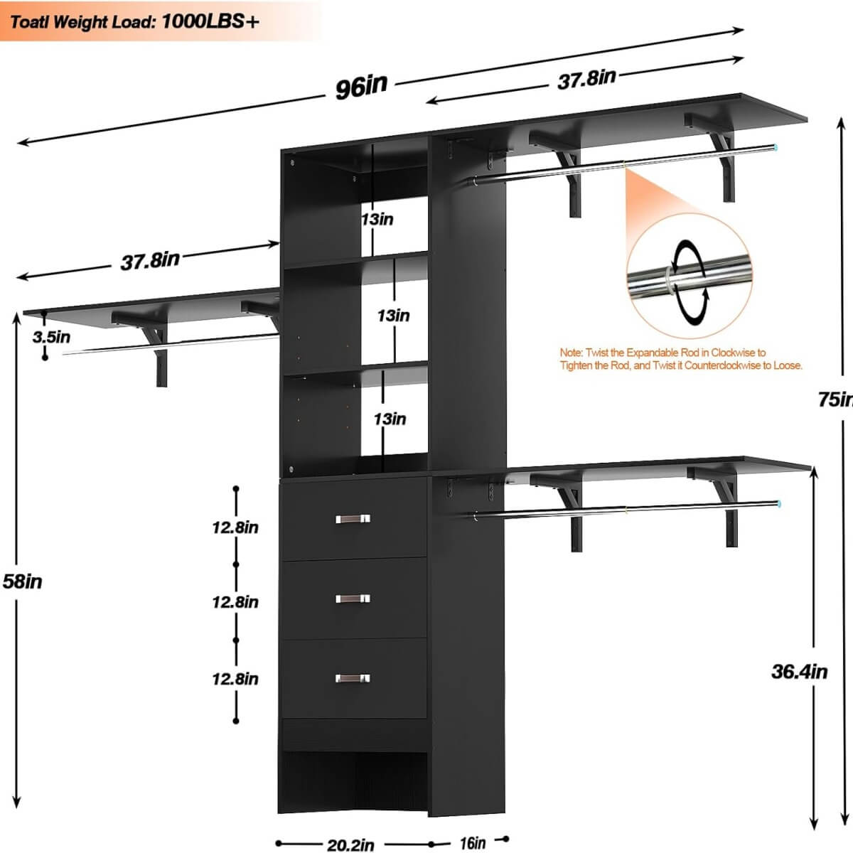 96 Inches Closet System with 3 Shelving Towers