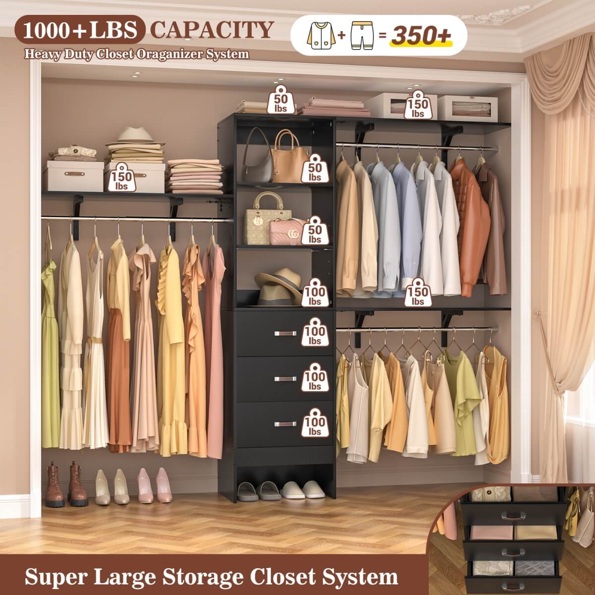 96 Inches Closet System with 3 Shelving Towers