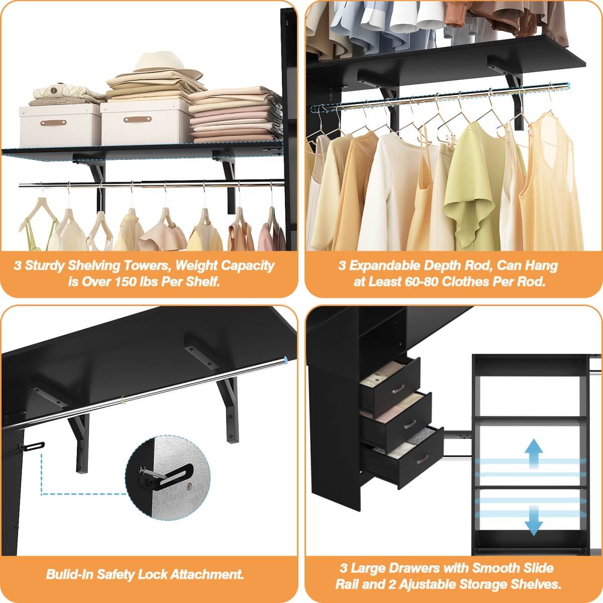 96 Inches Closet System with 3 Shelving Towers