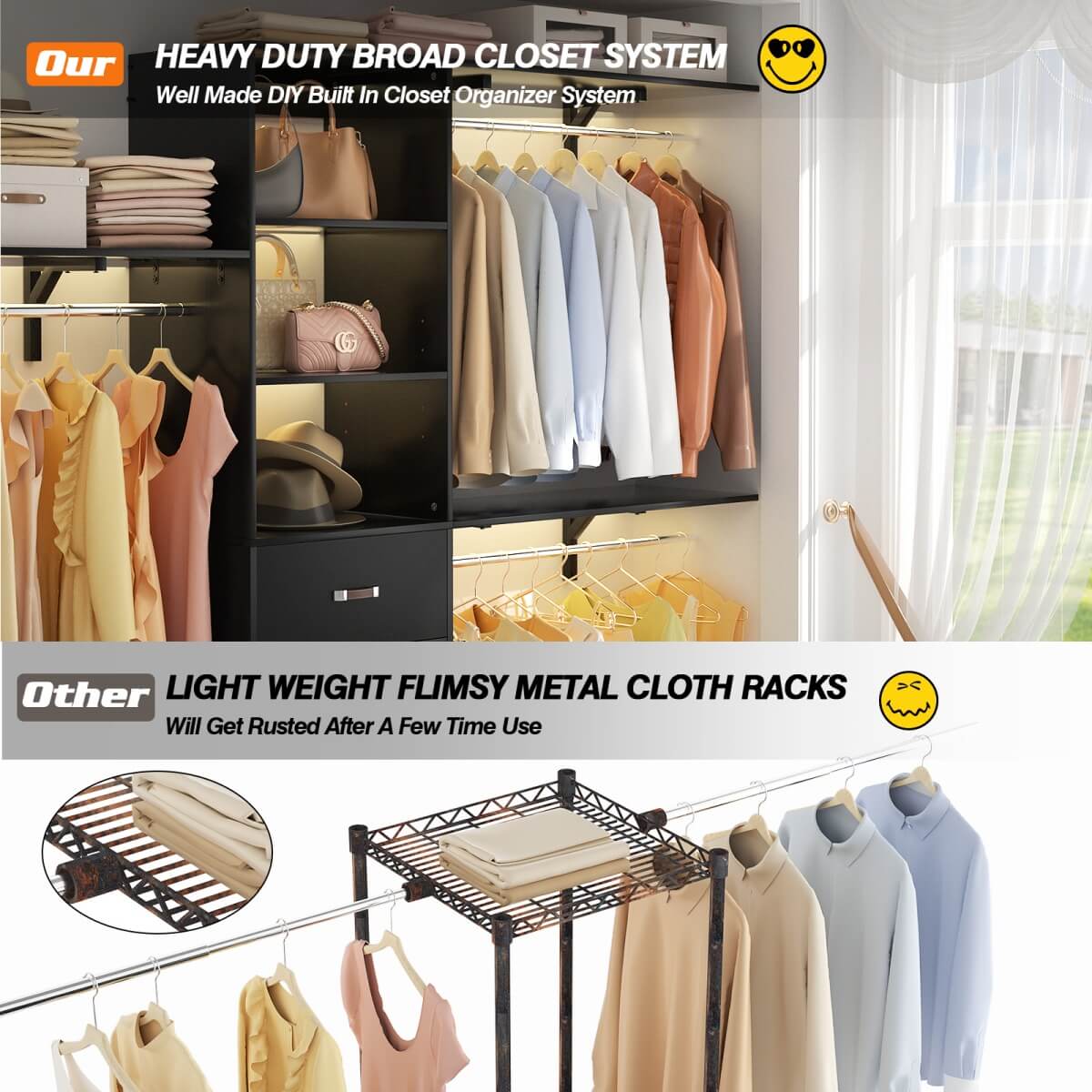 96 Inches Closet System with 3 Shelving Towers