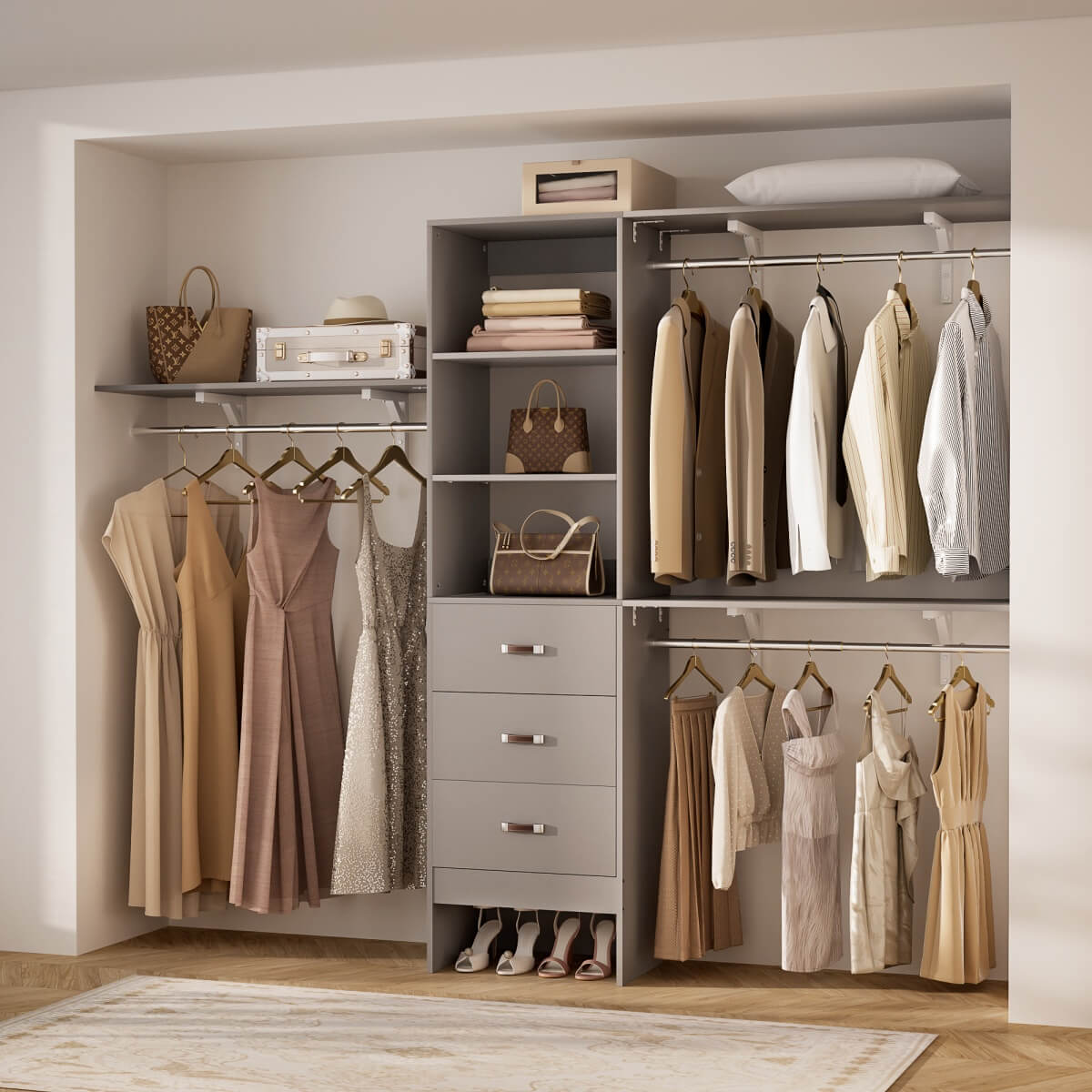 96 Inches Closet System with 3 Shelving Towers