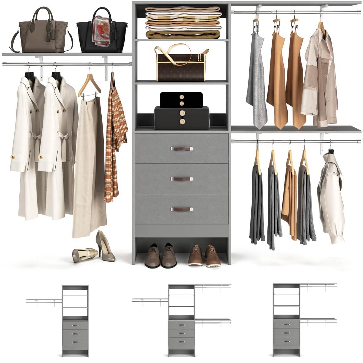 96 Inches Closet System with 3 Shelving Towers