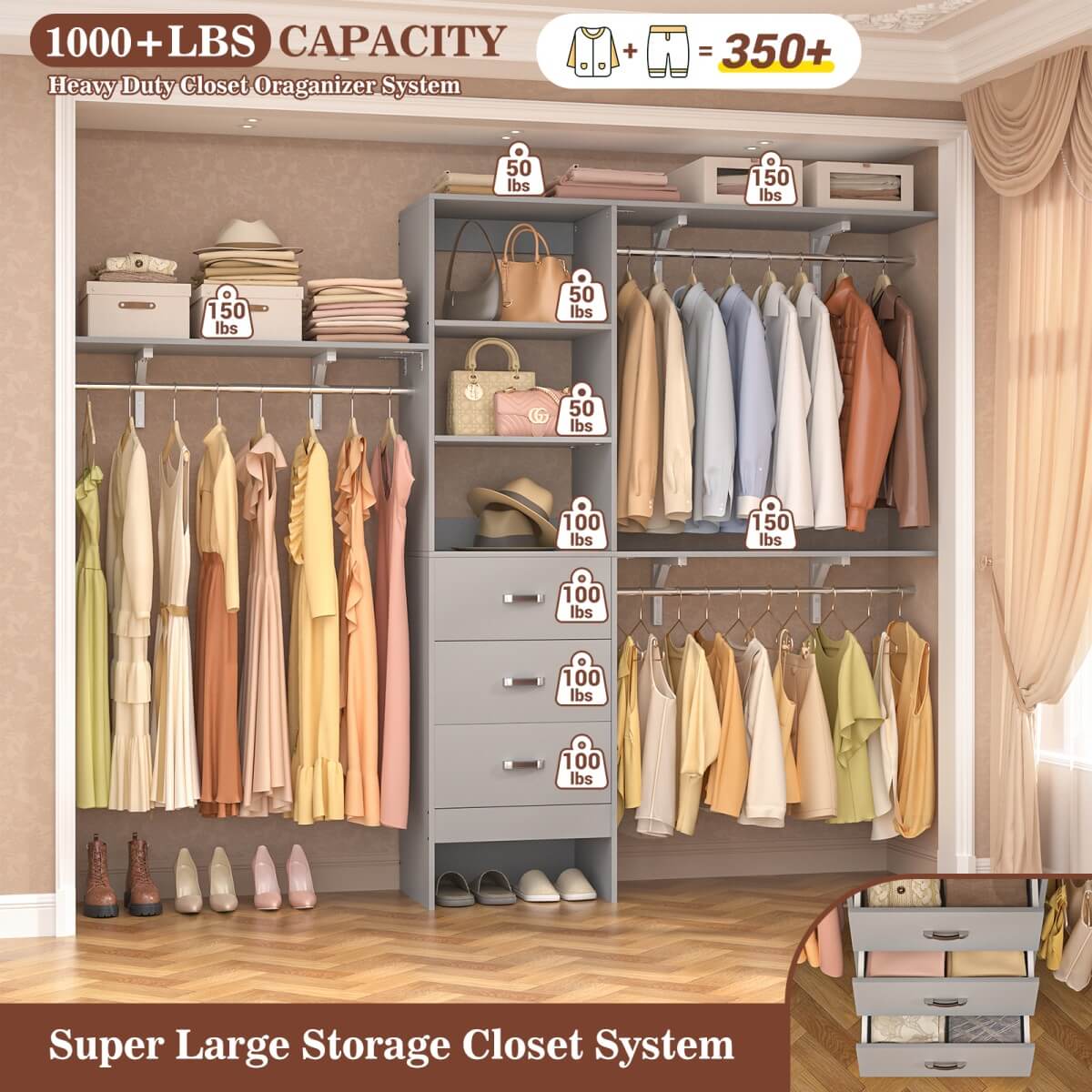 96 Inches Closet System with 3 Shelving Towers