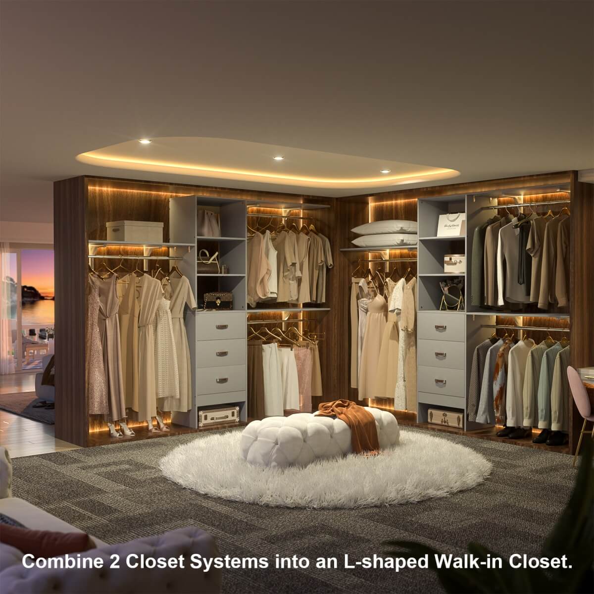 96 Inches Closet System with 3 Shelving Towers