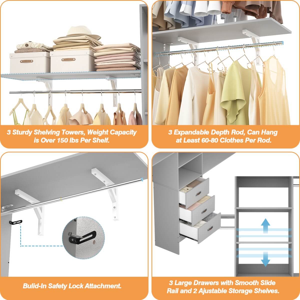 96 Inches Closet System with 3 Shelving Towers
