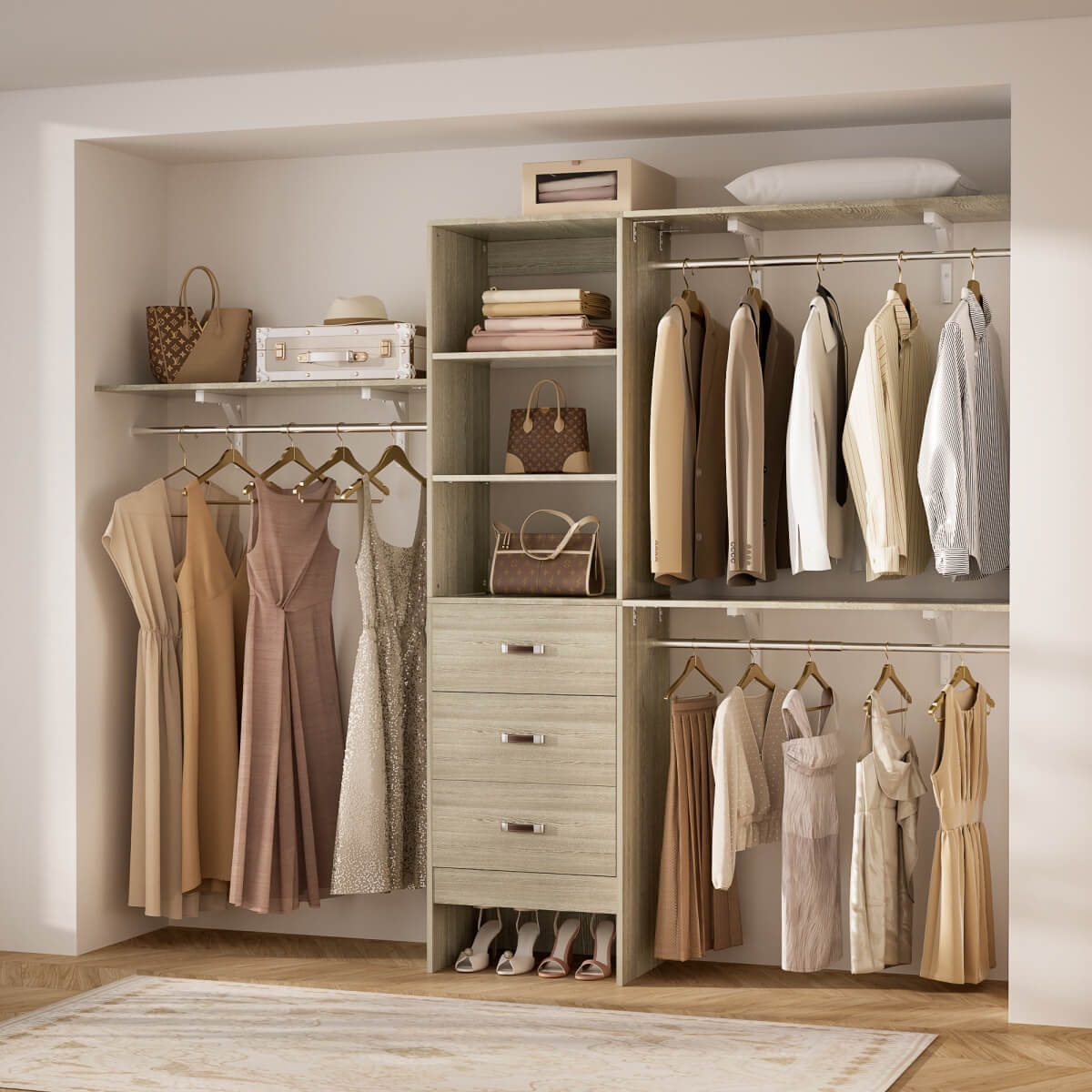 96 Inches Closet System with 3 Shelving Towers