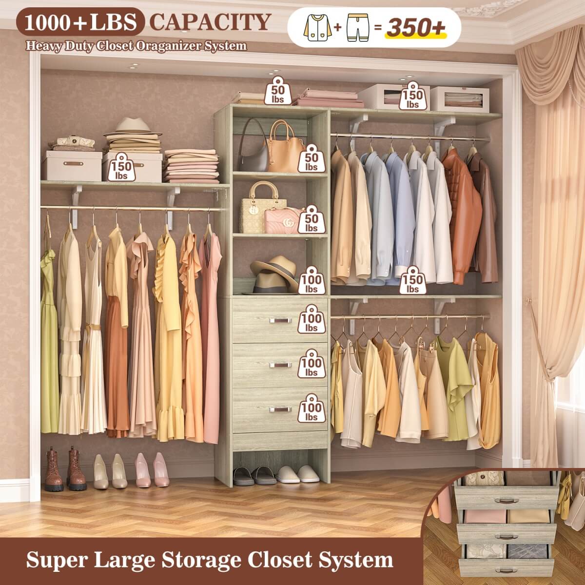 96 Inches Closet System with 3 Shelving Towers