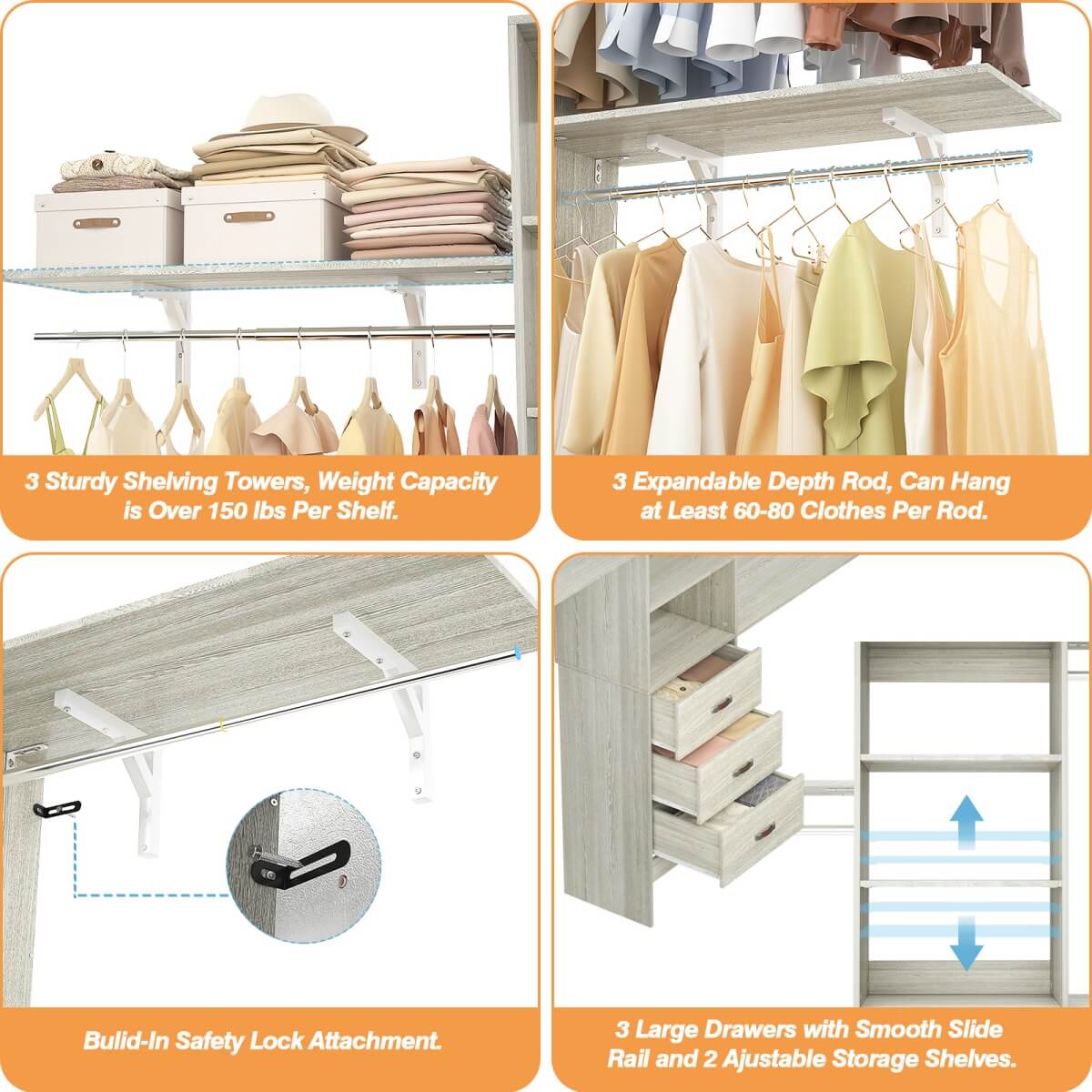 96 Inches Closet System with 3 Shelving Towers