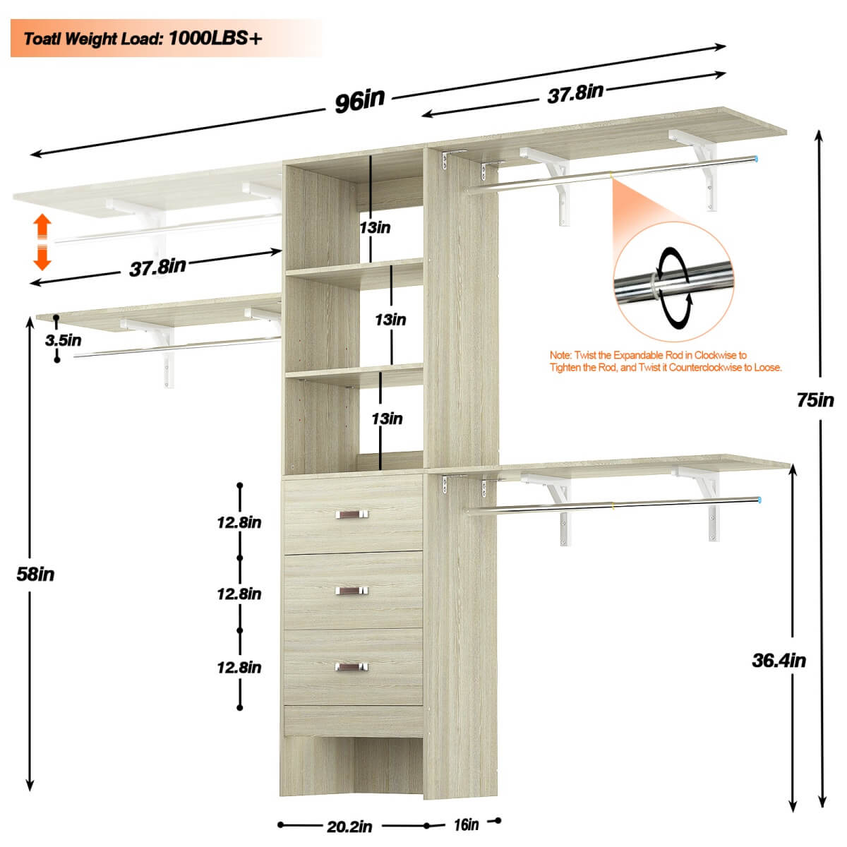 96 Inches Closet System with 3 Shelving Towers
