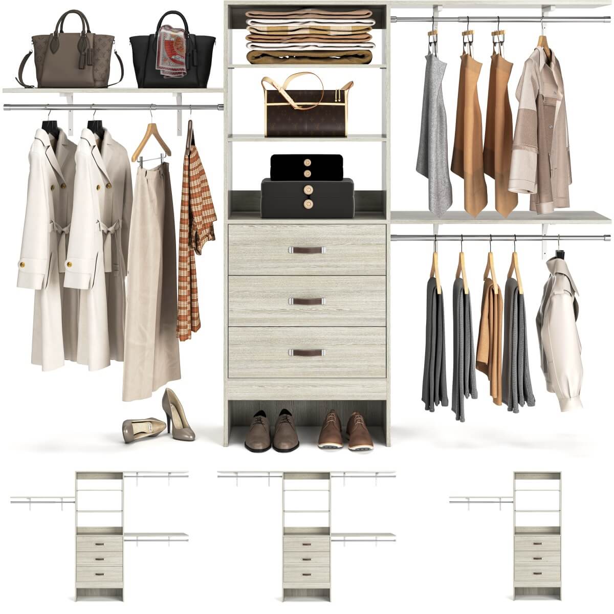 96 Inches Closet System with 3 Shelving Towers