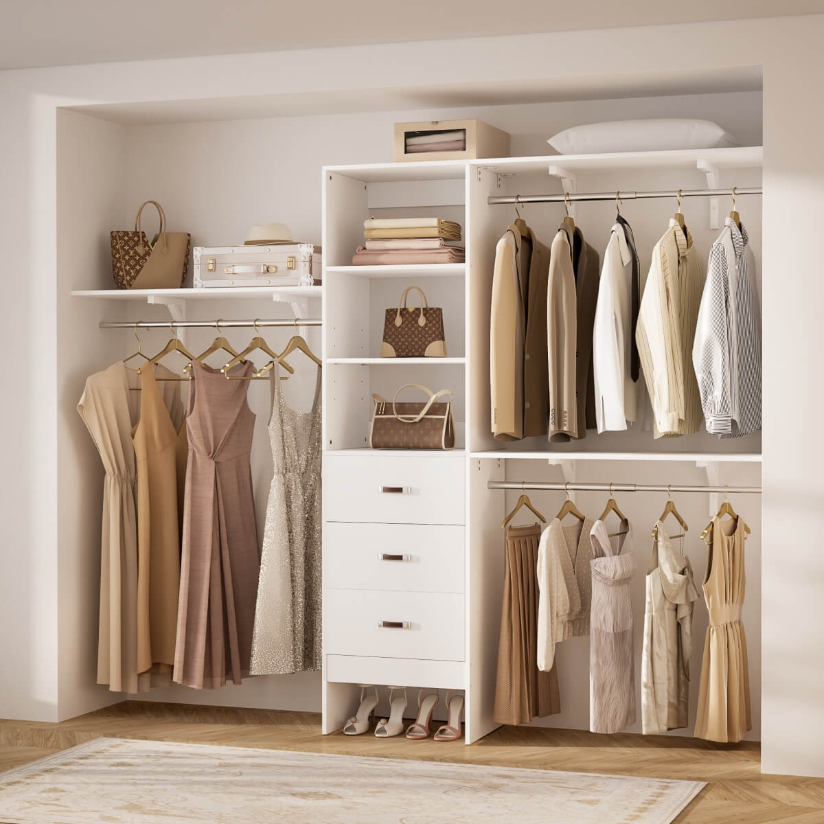 96 Inches Closet System with 3 Shelving Towers