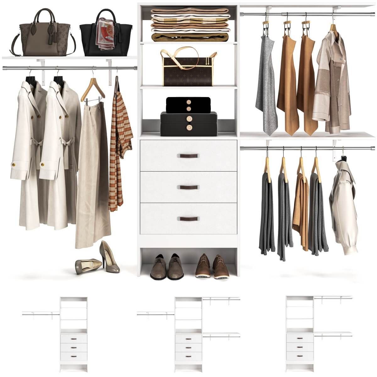 96 Inches Closet System with 3 Shelving Towers