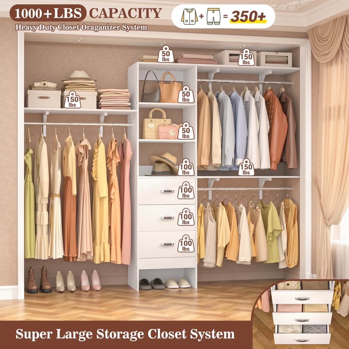 96 Inches Closet System with 3 Shelving Towers