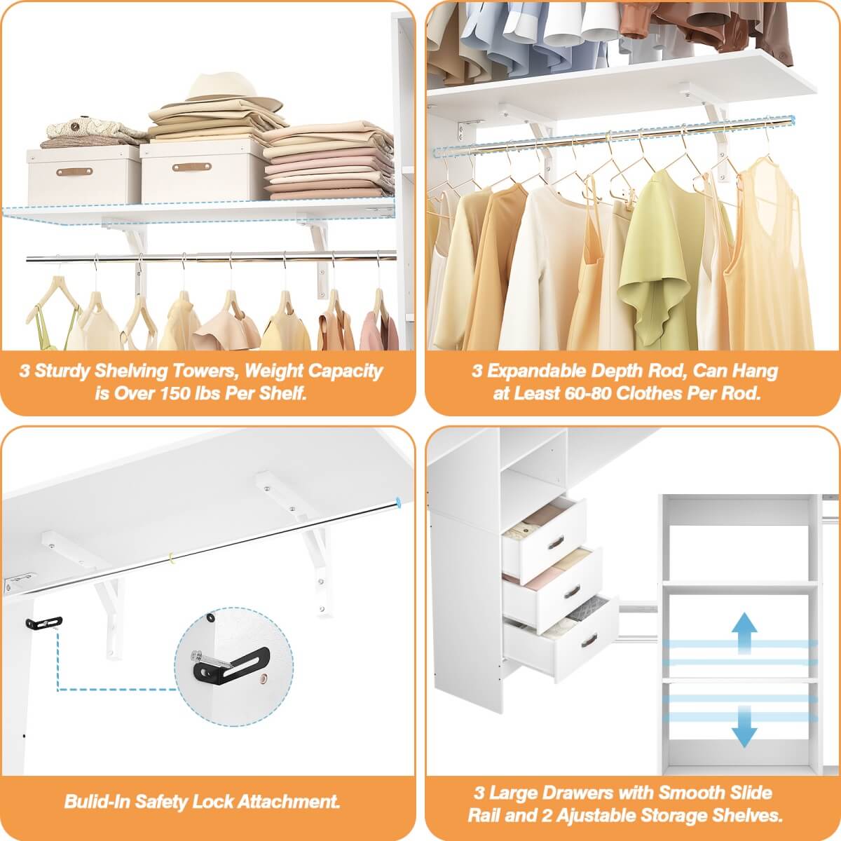 96 Inches Closet System with 3 Shelving Towers