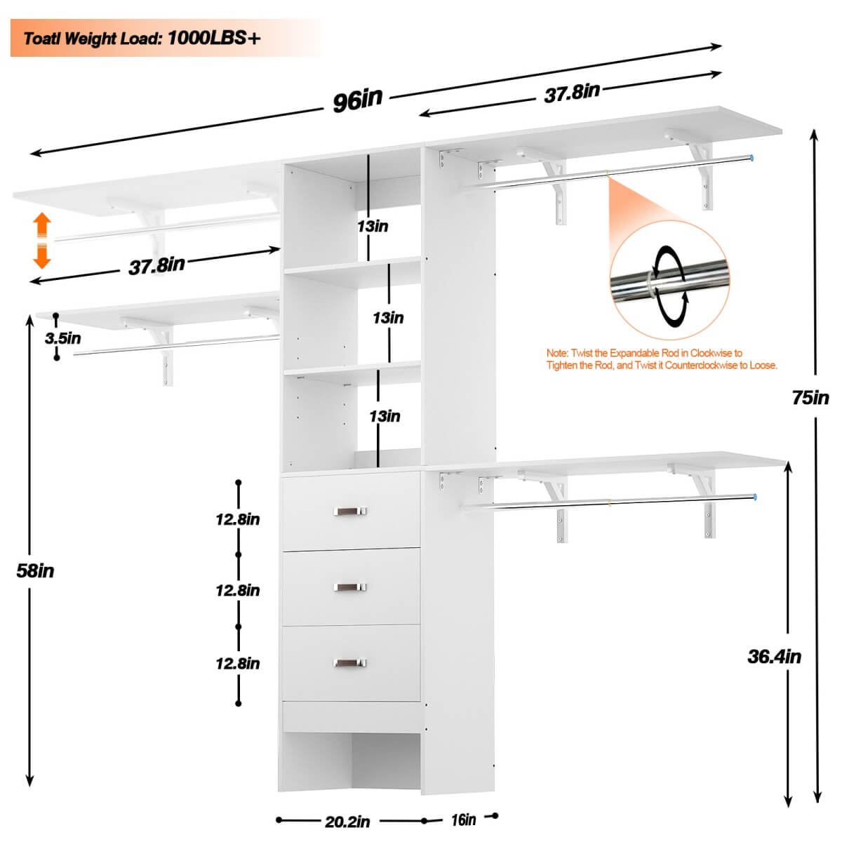 96 Inches Closet System with 3 Shelving Towers