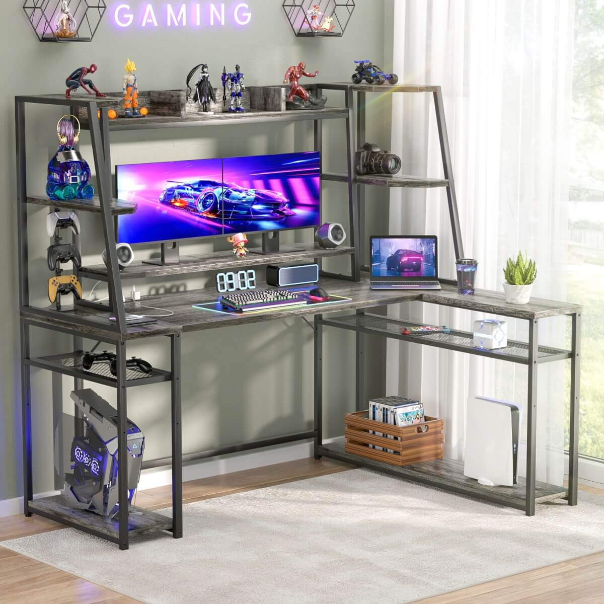 63 Inch L-Shaped Gaming Desk with LED Light Strips & Built-in Power Outlets