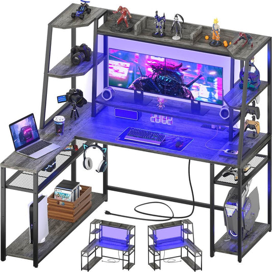 63 Inch L-Shaped Gaming Desk with LED Light Strips & Built-in Power Outlets
