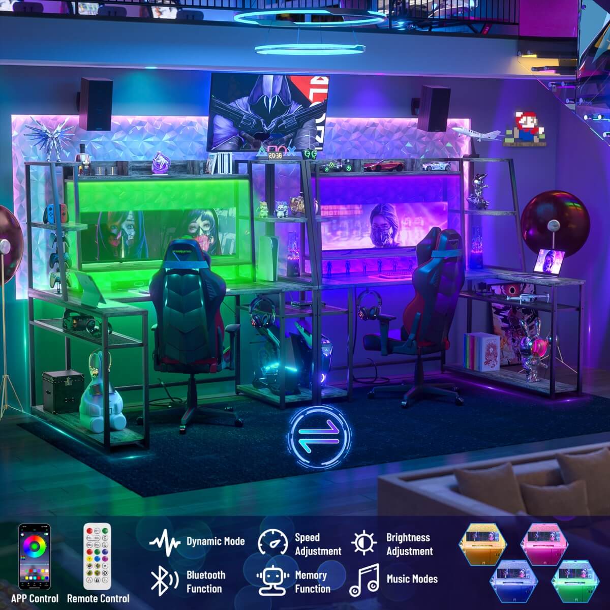 63 Inch L-Shaped Gaming Desk with LED Light Strips & Built-in Power Outlets