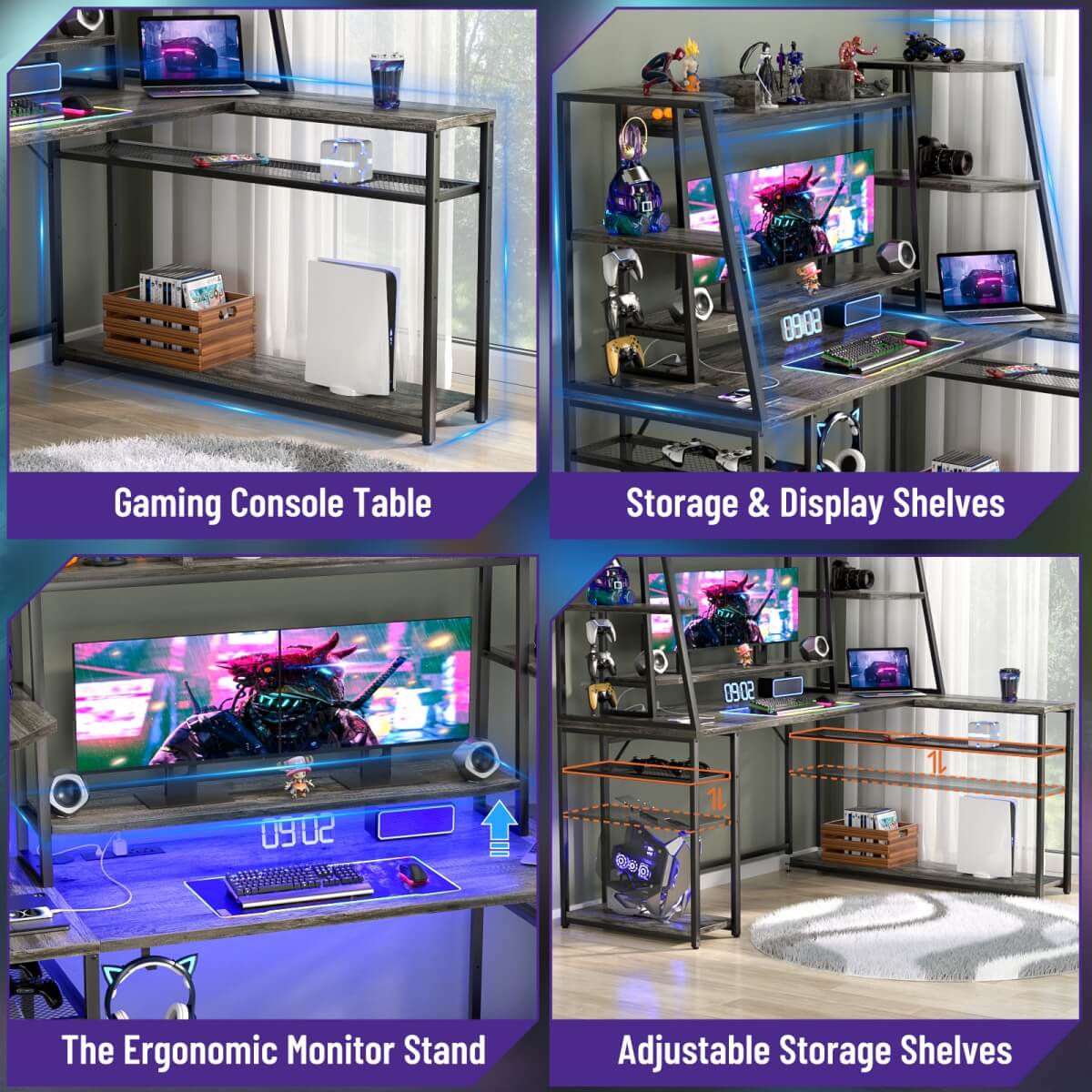 63 Inch L-Shaped Gaming Desk with LED Light Strips & Built-in Power Outlets