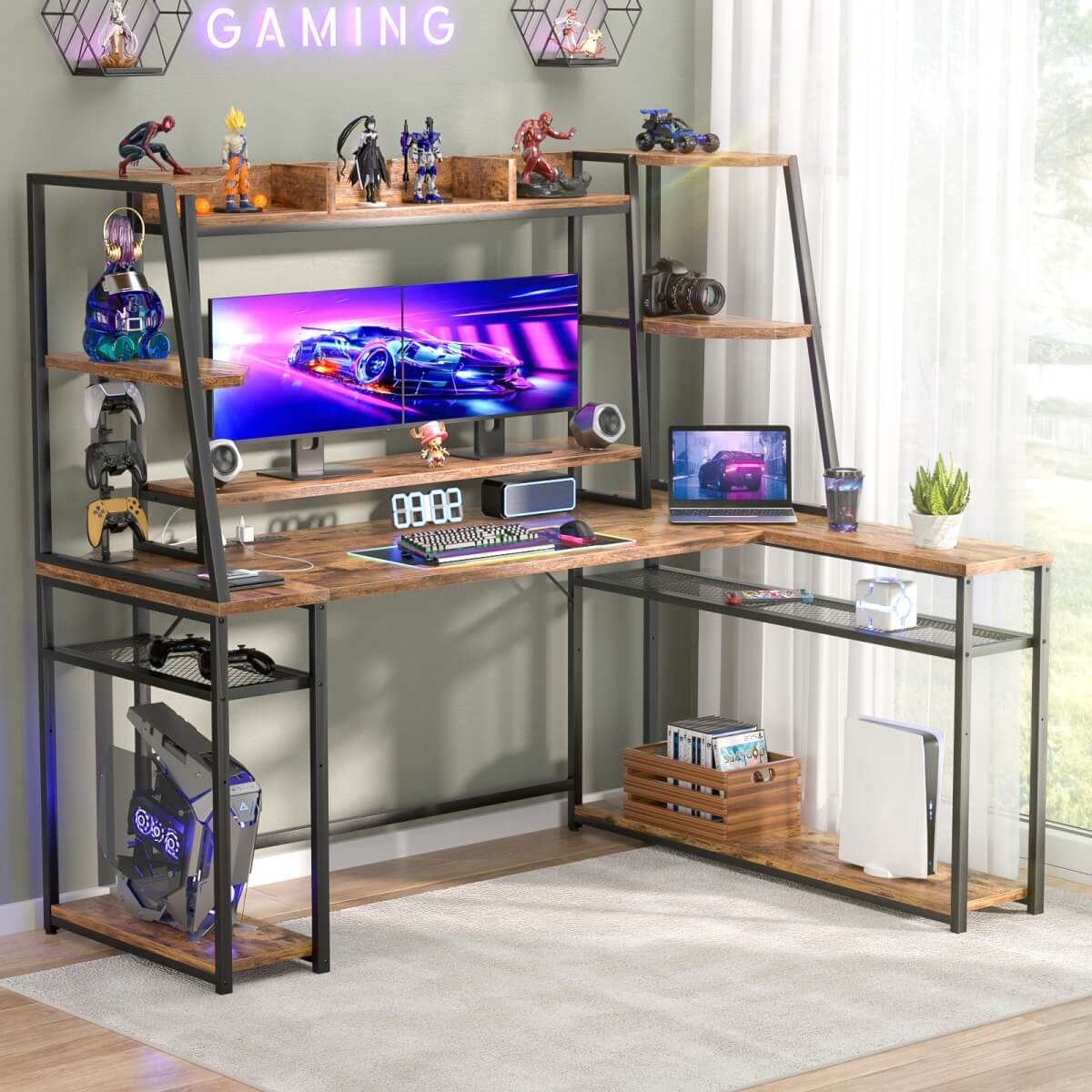 63 Inch L-Shaped Gaming Desk with LED Light Strips & Built-in Power Outlets