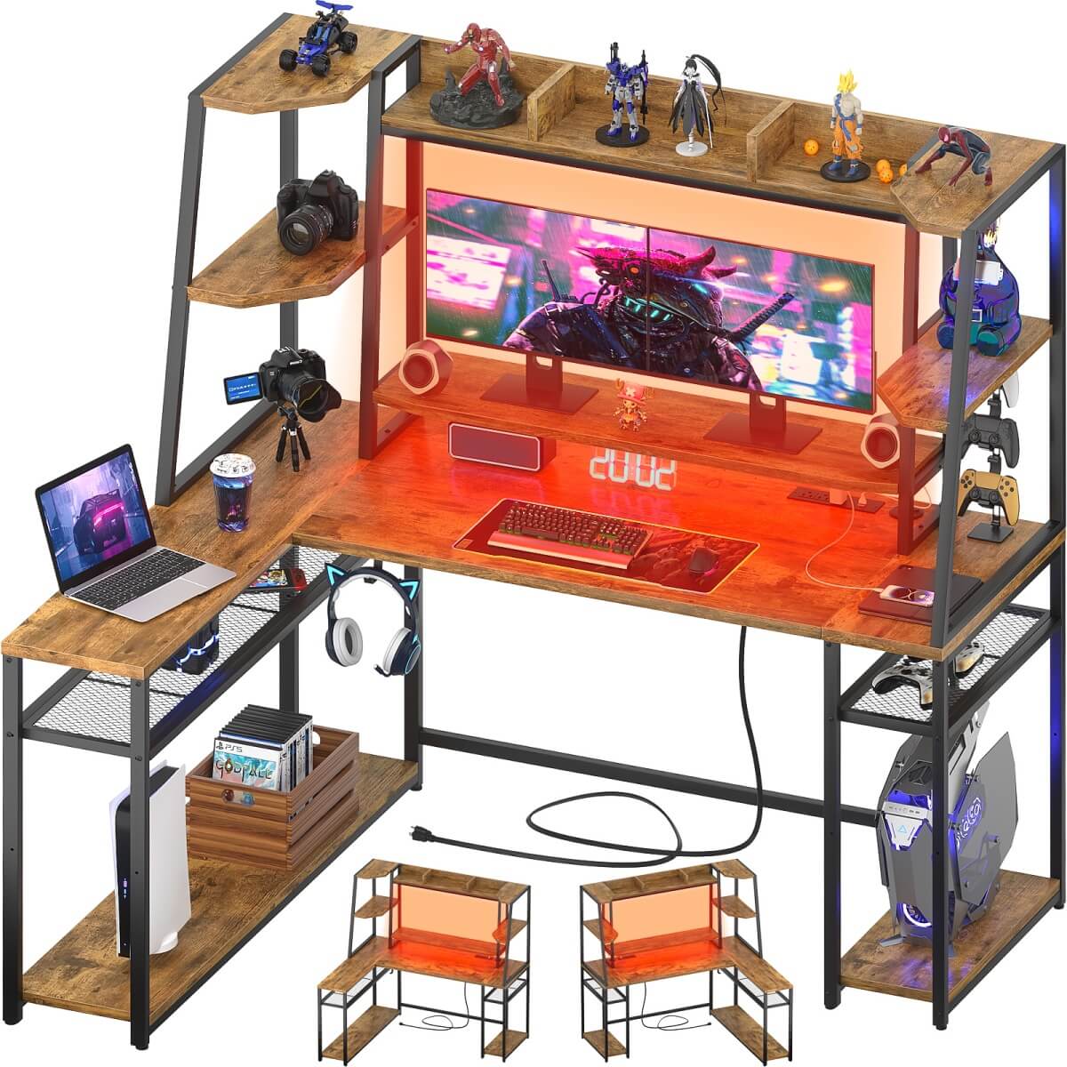 63 Inch L-Shaped Gaming Desk with LED Light Strips & Built-in Power Outlets