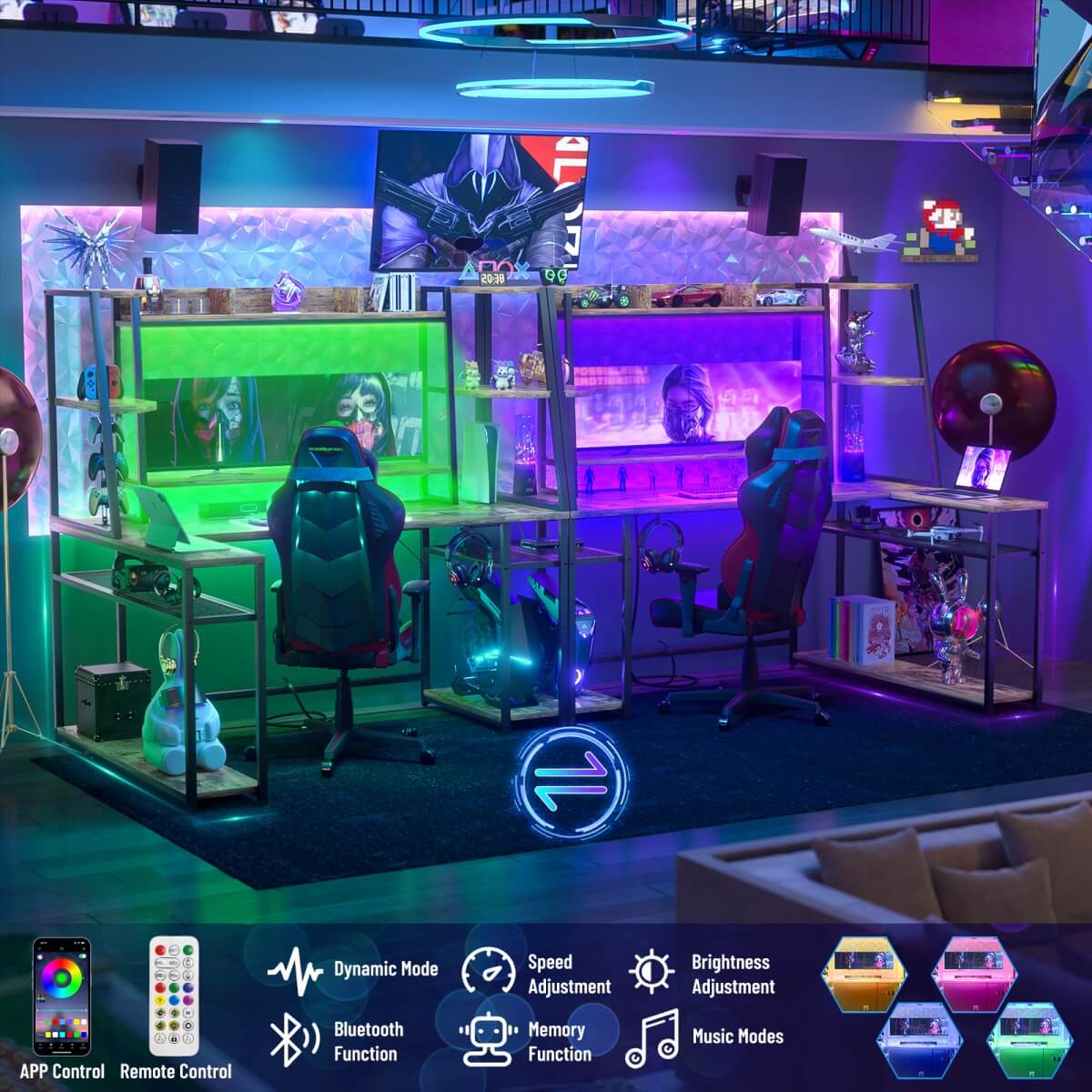 63 Inch L-Shaped Gaming Desk with LED Light Strips & Built-in Power Outlets