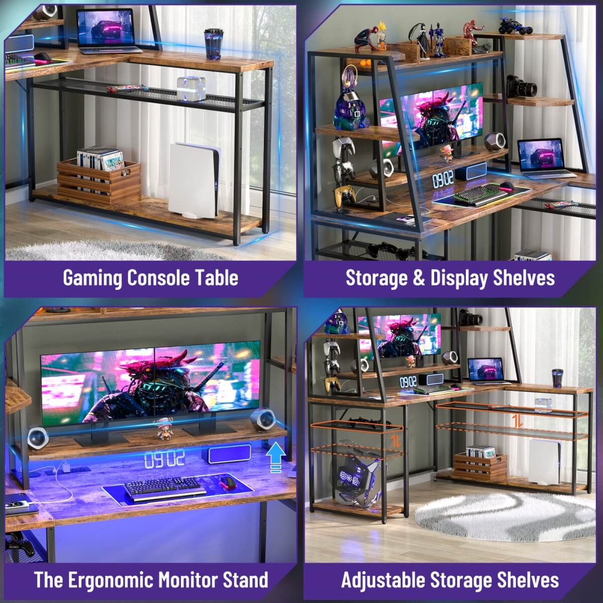 63 Inch L-Shaped Gaming Desk with LED Light Strips & Built-in Power Outlets