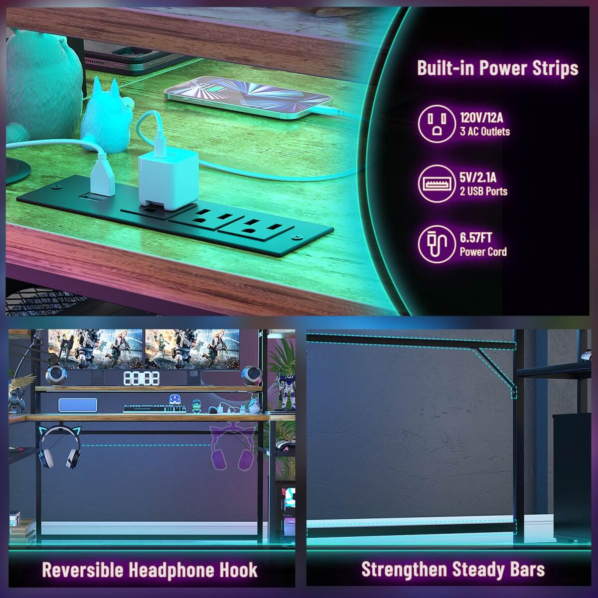 63 Inch L-Shaped Gaming Desk with LED Light Strips & Built-in Power Outlets