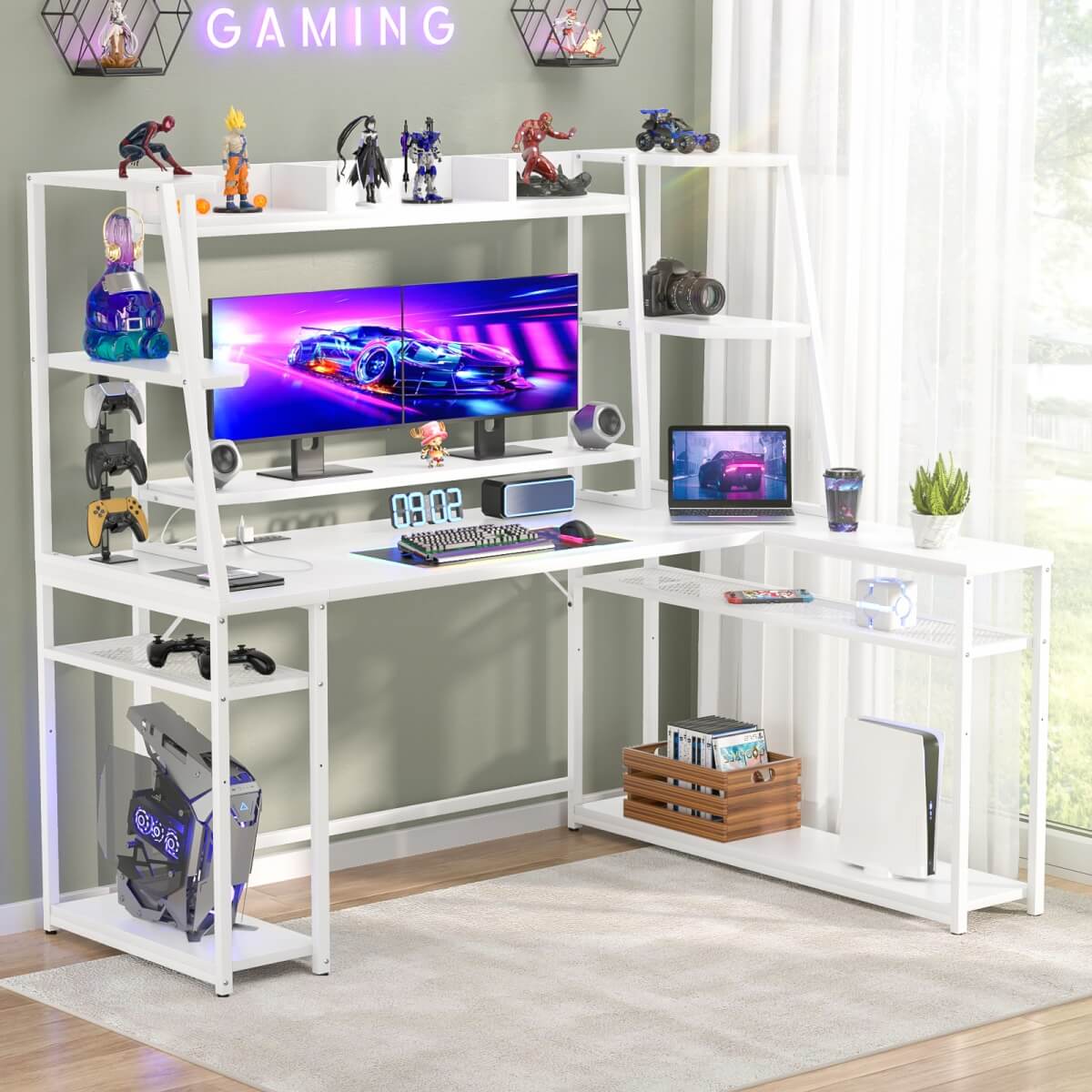 63 Inch L-Shaped Gaming Desk with LED Light Strips & Built-in Power Outlets