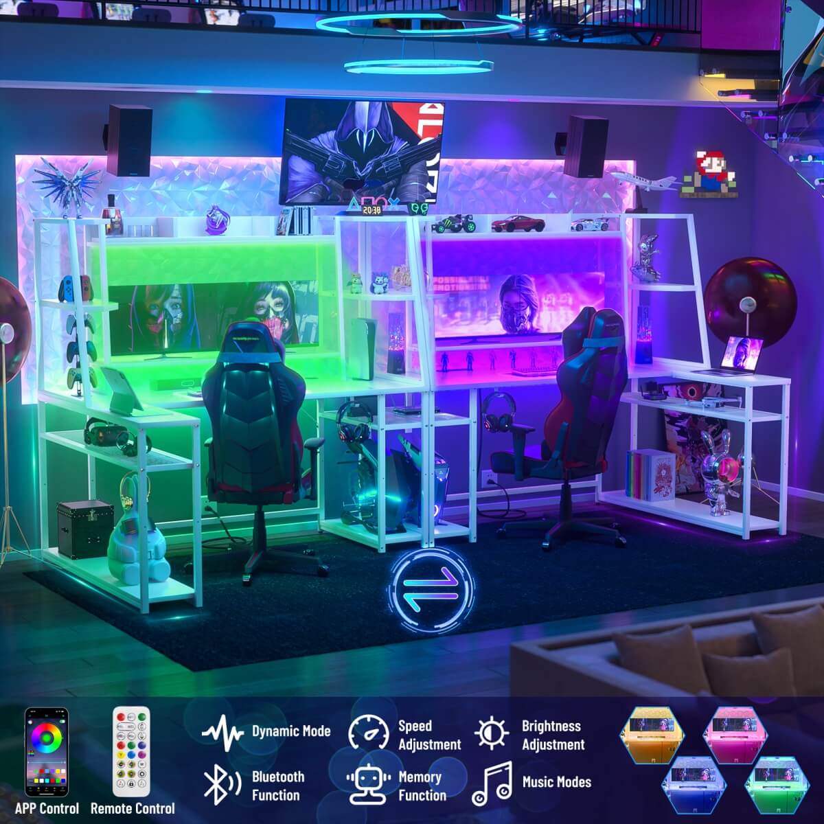 63 Inch L-Shaped Gaming Desk with LED Light Strips & Built-in Power Outlets