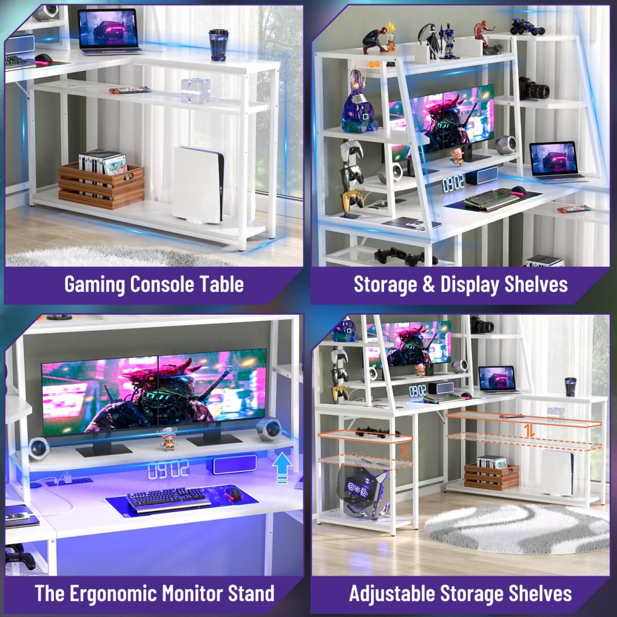 63 Inch L-Shaped Gaming Desk with LED Light Strips & Built-in Power Outlets