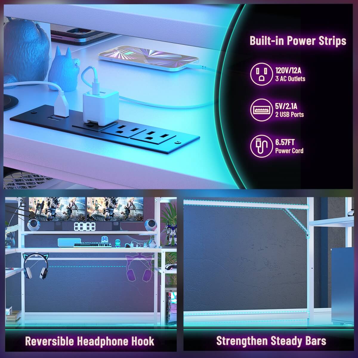 63 Inch L-Shaped Gaming Desk with LED Light Strips & Built-in Power Outlets