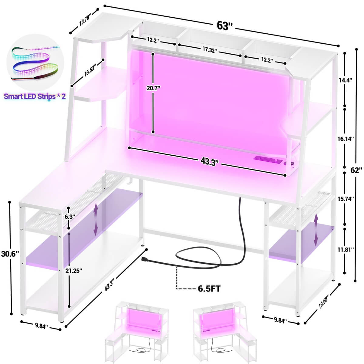 63 Inch L-Shaped Gaming Desk with LED Light Strips & Built-in Power Outlets