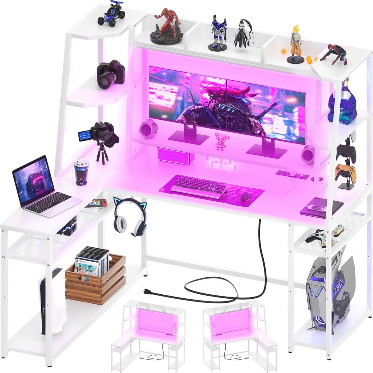 63 Inch L-Shaped Gaming Desk with LED Light Strips & Built-in Power Outlets