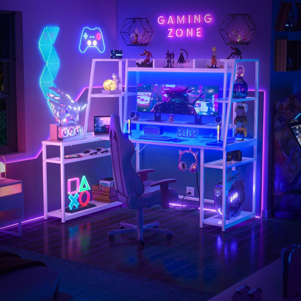 63 Inch L-Shaped Gaming Desk with LED Light Strips & Built-in Power Outlets