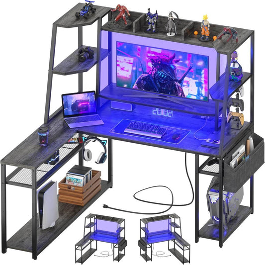 47-inch L-Shaped Gaming Computer Desk with LED Lights & Power Outlets